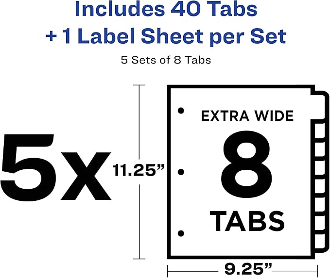 Avery 8-Tab Extra Wide Binder Dividers, Easy Print & Apply Clear Label Strip, Index Maker,White, 5 Sets (11441)