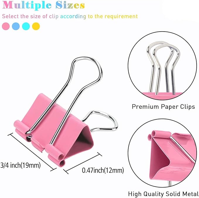 Small Binder Clips, 70 Pack, 3/4 Inch, Standard 19mm, Colorful, Hollowed Smile Design, Capacity 0.31 Inch, Mini Paper Clips, Fold Clamp, Office and School Supplies
