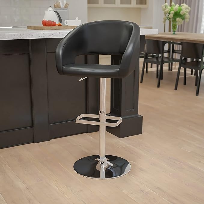 Flash Furniture Erik Comfortable & Stylish Contemporary Barstool with Rounded Mid-Back and Foot Rest, Adjustable Height - Black Vinyl with Chrome Base