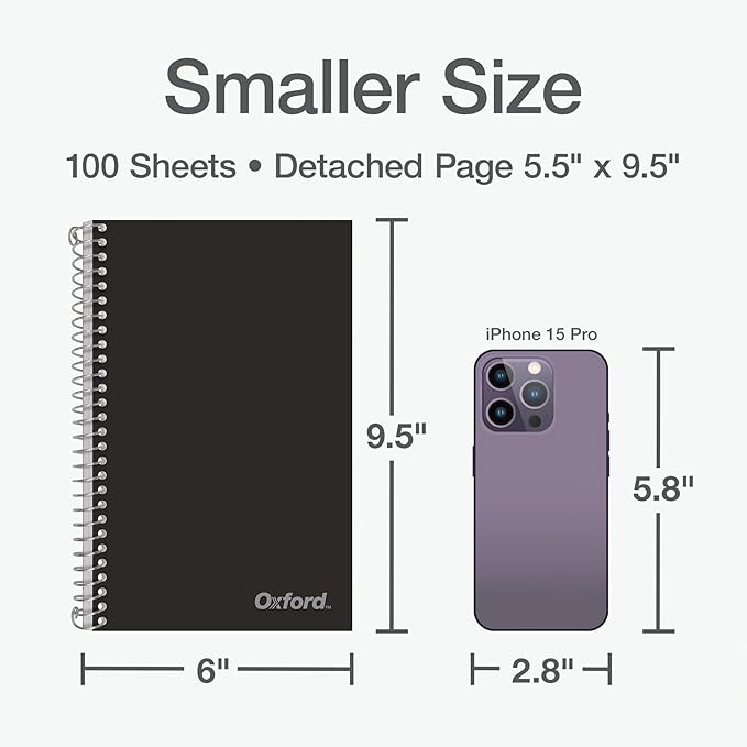 Oxford Two Subject Notebooks College Ruled, Spiral Notebook 6x9 1/2" 100 Sheets, 3 Pack of College Ruled Notebook With Pockets, Poly Cover, Red, White, and Black