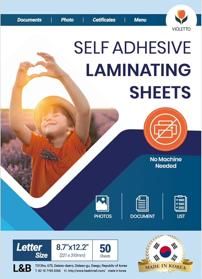 Self Adhesive Laminating Sheets 12.3x17.1 inch, 50 Pack, 4mil Thickness, No-Machine Needed, QuickPeel, Instashield, Stick&GO (50 Sheets, Letter Size 4mil)
