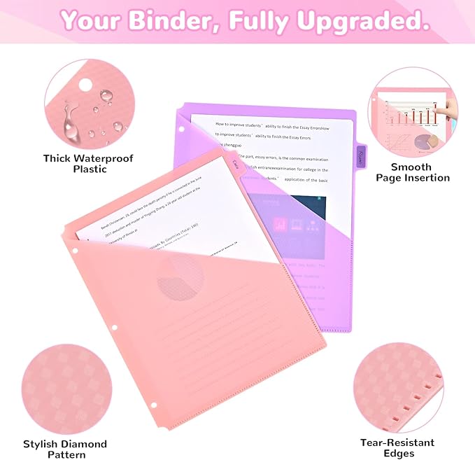 SUIN 8 Tab Binder Dividers with Pockets - Heavy Duty Plastic Dividers for 3 Ring Binder, Letter Size Poly Page Separators with Tabs & Label Stickers, Diamond Texture, 8 Pastel Colors, 1-Pack