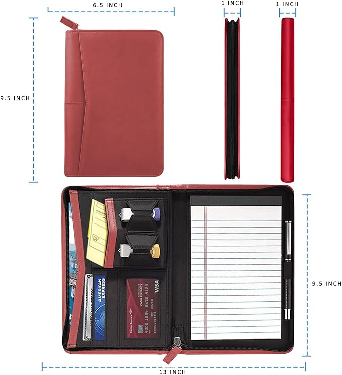 Small Portfolio Organizer, A5 Zippered Business Portfolio, Junior Padfolio Folder Binder for Men Women,5 x 8 Writing Pad Included, Red