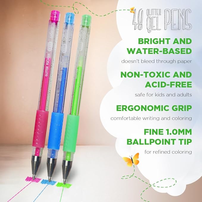 ColorIt Glitter Gel Pens for Coloring – 96 Pack with 48 Premium Glitter Gel Pens & 48 Refills with 1 Travel Case - Vibrant Colors for Journaling, Writing, Adult Coloring Books, and Creative Projects