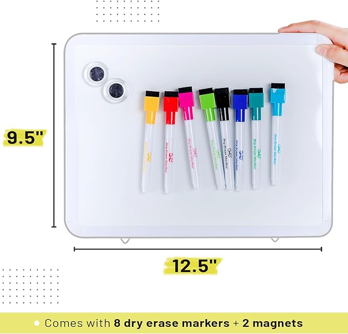 Mr. Pen- Dry Erase Board, 12.5" x 9.5" with 8 Dry Erase Markers and 2 Board Magnets, Small Whiteboard