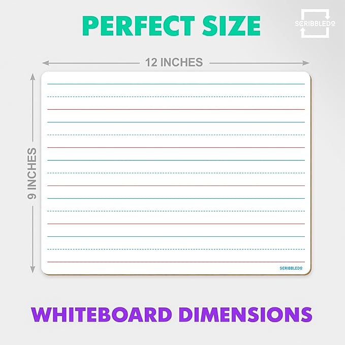 Scribbledo Double Sided Whiteboard Lined Dry Erase Board for Kids Ruled Writing Board Handwriting Practice Small White 9x12 Dry Erase Board with Lines Education Teacher Supplies