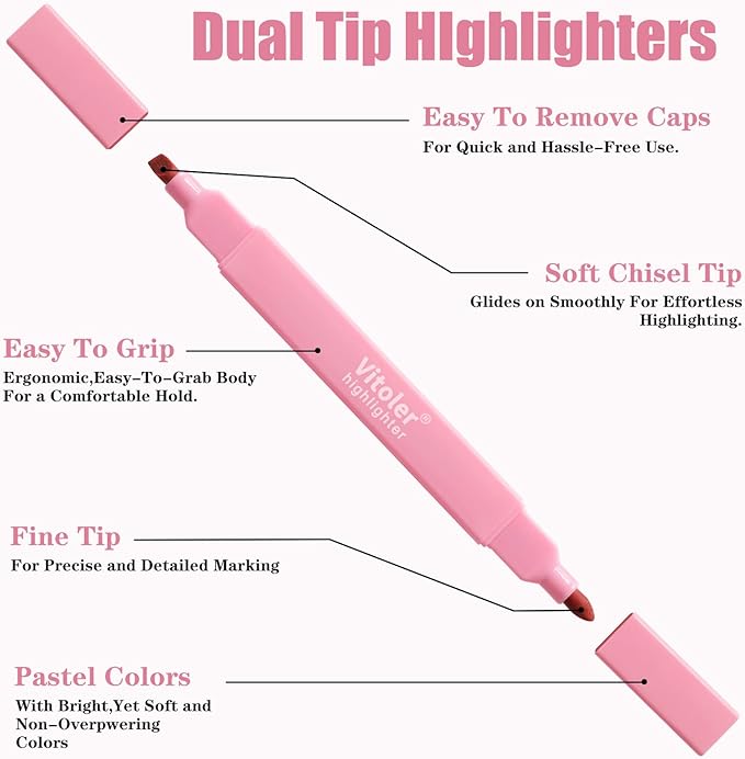 Vitoler Highlighters Assorted Colors,8pcs Dual Tip Pastel Colors Highlighters for Bible Study, Teacher Supplies