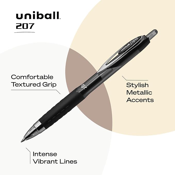 uniball 207 Retractable Gel Pens, Medium Point (0.7mm), Black, 2 Pack