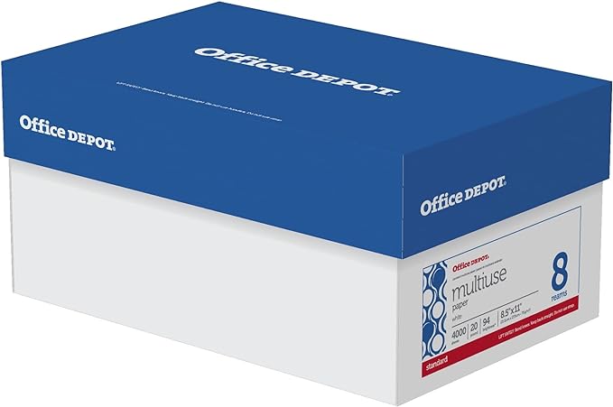 Office Depot(R) Brand Multiuse Paper, Letter Size Paper, 94 (U.S.) Brightness, 20 Lb, White, 500 Sheets Per Ream, Case Of 8 Reams