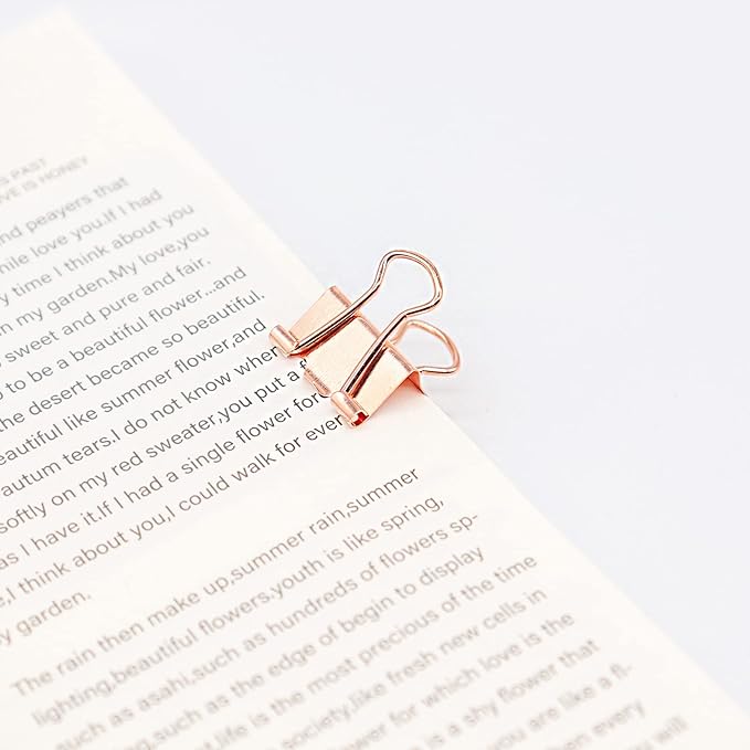 Rose Gold Binder Clips, Mini Paper Clip, Small Paper Clamps 15mm (5/8 inch), 100 Pack Micro Size Office Clips for Home School and Business (Rose Gold)