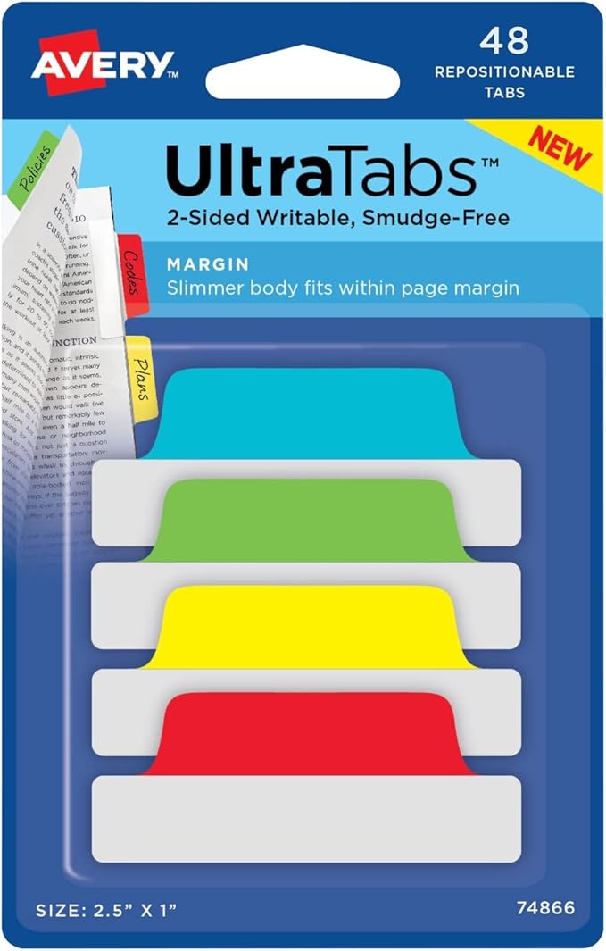 Avery 74866 Ultra Tabs Repositionable Tabs, 2.5 x 1, Assorted Primary, 48/PK