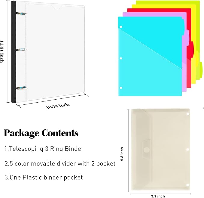 INFUN 1 Inch 3-Ring Telescoping Project Organizer Binder, 13 Pocket, Customizable Front Cover, 5 Color Dividers, Plastic Pocket, 225 Sheet Capacity-White
