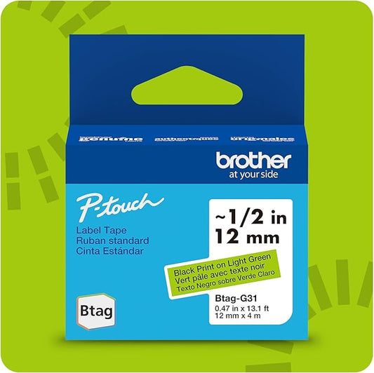 Brother Genuine P-Touch Btag BTAGG31 Black on Light Green Label Tape ~1/2in by 13.1ft (12mm x 4m). (Works Only with Brother PT-N10, PT-N20, PT-N25BT Label Makers)