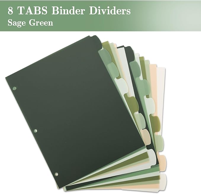 Whaline 16 Pcs/ 2 Set Sage Green 3 Ring Binder Dividers Colorful Index Dividers Plastic Page Folder Divider Sheets Protectors for Notebook Home Office Classroom Supplies