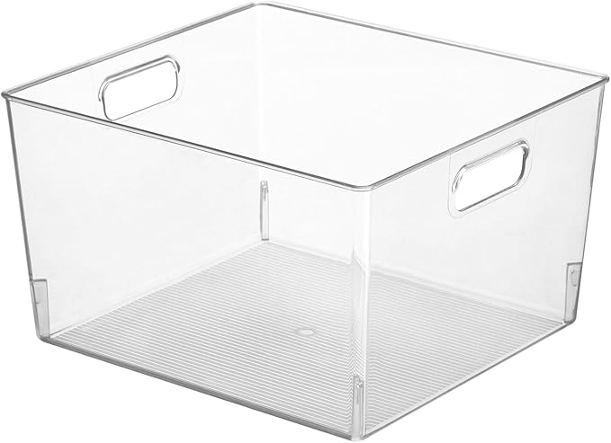 mDesign Large Plastic Office Storage Organizer Container Bin with Handles - Basket for Cabinet, Cupboard, Desk, Closet and Shelf Organization - Holds Notebook, Books - Ligne Collection, 8 Pack, Clear