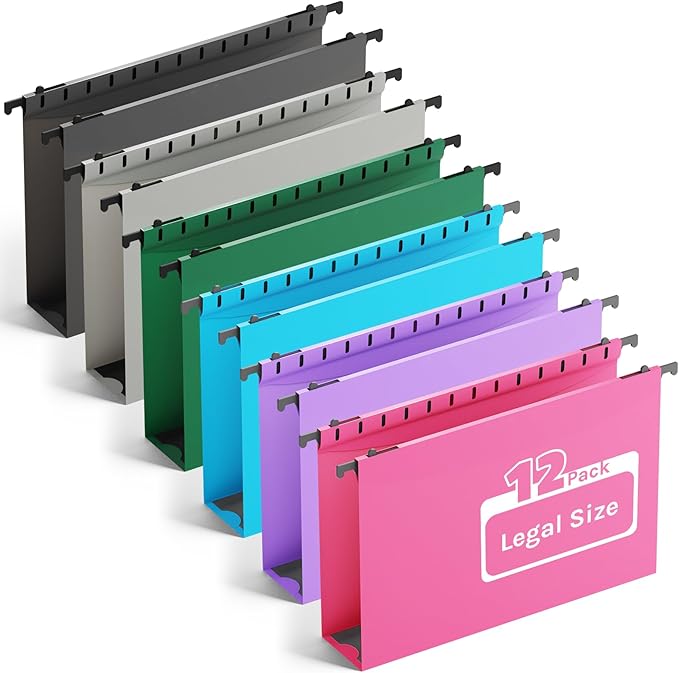 Ansook Legal Size Hanging File Folder Extra Capacity,Heavy Duty 2" Expandable Hang Folder with Tabs,12 Pack Reinforced File Cabinet Folders,Plastic Hanging File Organizer for File Frame Box
