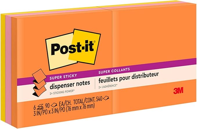 Post-it Super Sticky Pop-upNotes, 3x3 in, 6 Pads, 2X The Sticking Power, Energy Boost Collection, Bright Colors (Orange, Pink, Blue, Green),Recyclable (R330-6SSUC) (Pack of 12)