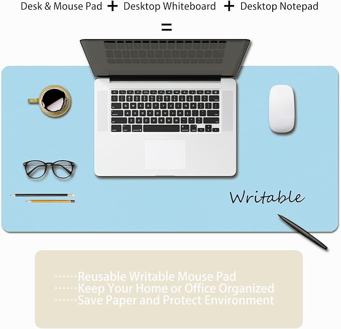 Erasable writable(Frontside) Table mat,Dual Sided Desk Mat, Large Mouse Pad, Notepad, Writing White Board (Includes 7.9"x9.4" Portable Mousepad)