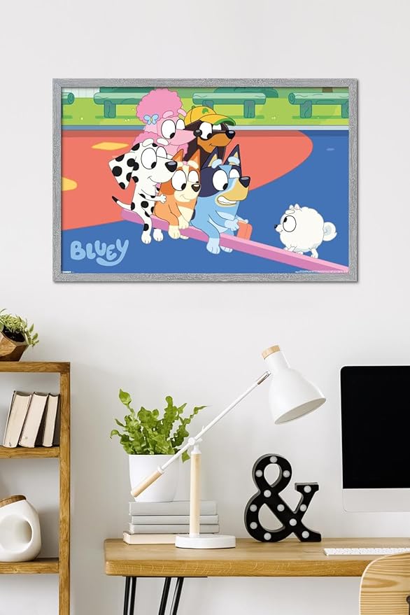 Bluey (2018) - Bluey and Friends See Saw Fun Wall Poster, 34L" x 22.4W", Gray Framed Version