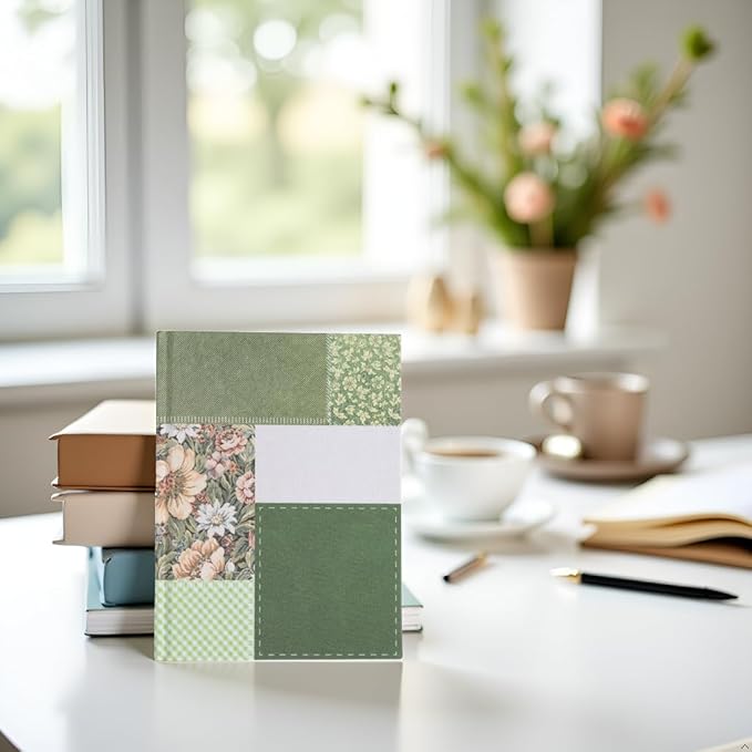 Pearhead Green Patchwork Fabric Hardcover Journal, 6x8 College-Ruled Lined Notebook, 200 Pages, Boho Writing Journal for School, Work & Personal Use
