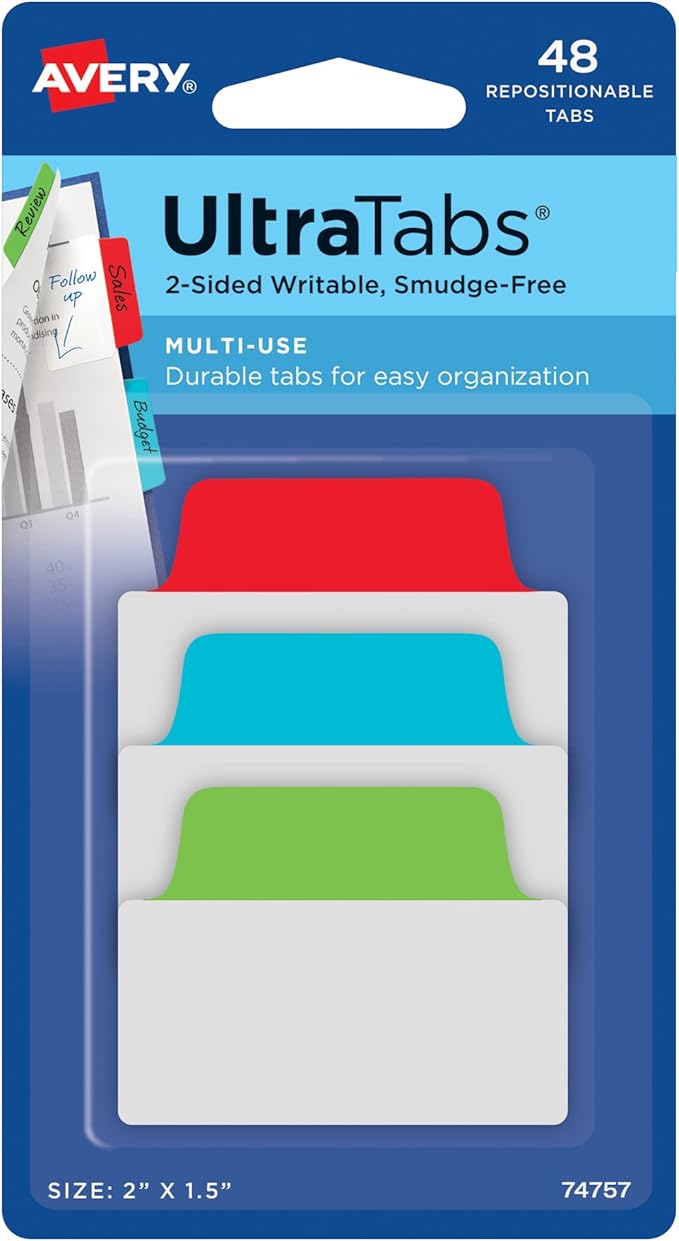 Avery Multiuse Ultra Tabs, 2" x 1.5", 2-Side Writable, Red/Blue/Green, 48 Repositionable Tabs (74757)