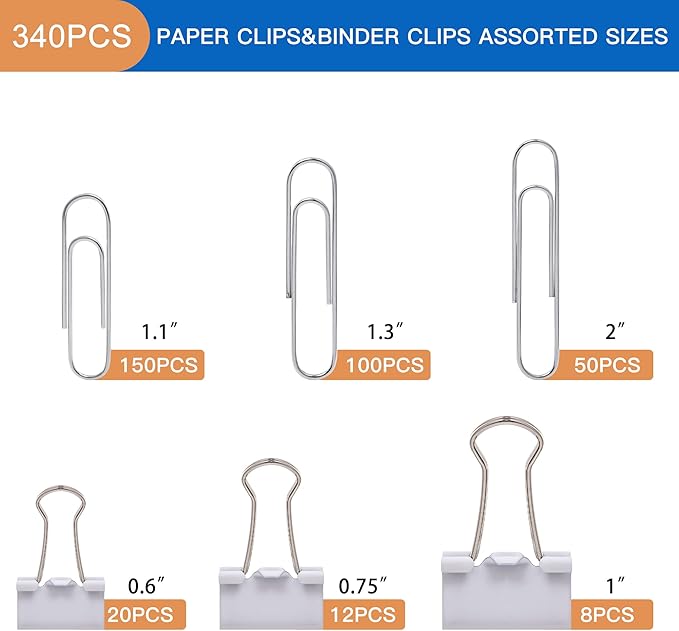 FUDAO FAMILY Paper Clips & Binder Clips, 340 PCS Assorted Sizes, Silver & White
