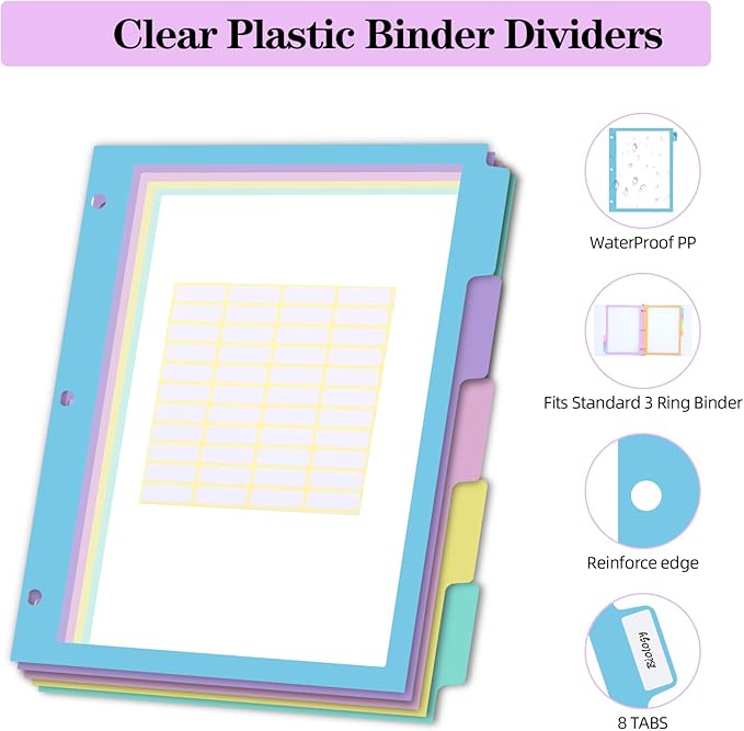 30Pcs/6 Set 5 Tab Clear Plastic Binder Dividers with Tab,for 3 Ring Binder,Customizable Labels, Multicolor, Durable & Tear-Resistant