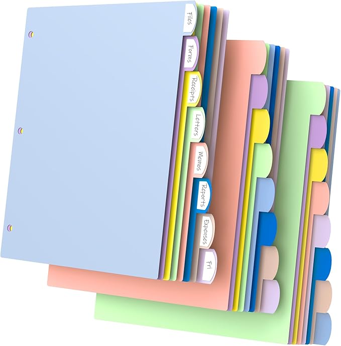 HABGP 24Pcs/3 Set 3 Ring Binder Dividers with Tabs, 8 Color Tab Divders for 3 Ring Binder, Plastic Pastel Page Folder Dividers Sheet Protectors, Three Ring Binder Index Dividers for Notebook
