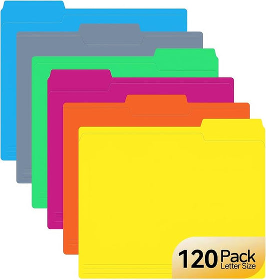 120 Pack Colored File Folders, 1/3 Cut Tab Letter Size 8.5" x 11" Manila Folders, Assorted 6 Colors for School, Office Supplies, Filing Folders & Document Organization