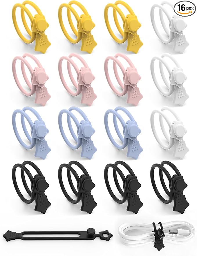 16 Pack Silicone Cable Ties, Reusable Star Design Cord Organizer Straps With 2 Binding Methos, Durable & Stretchable Wire Management for Home, Office, Travel (Colorful)