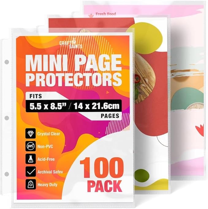 Half Letter 8.5x5.5’’ Pack of 100 Heavy Duty Page Sleeve Protectors for Mini 3-Ring Binders, Top Loading Crystal Clear & Archival Safe Refill Sheets, Acid-Free & Reinforced Holes