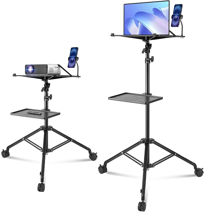 VEVOR Projector Stand with Wheels, Laptop Stand Tripod Adjustable Height from 31.3 to 67.3", Projector Tripod Stand with 2 Trays & Gooseneck Phone Holder, for Outdoor Movies, Home, Office or Studio