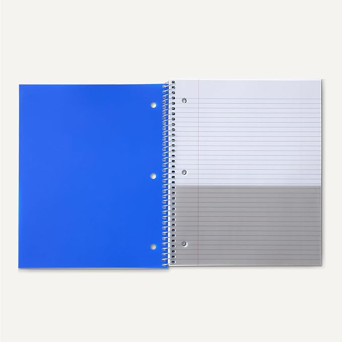 Amazon Basics Wide-Ruled Spiral Notebook with Pocket Divider, Poly Cover, For Work and School, 100 Sheets, 8.5" x 10.5", Assorted Primary Colors, 3-Pack