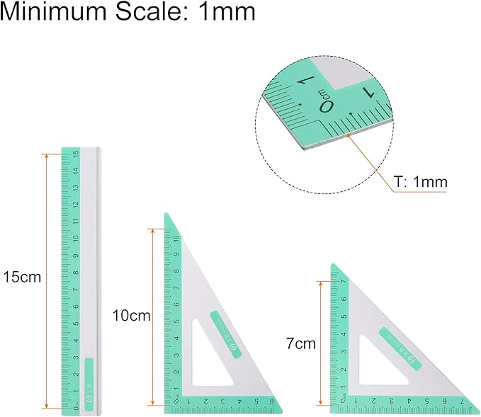 HARFINGTON 4pcs Geometry Set 15cm Metric Measure Ink Printing Aluminum Ruler Metal Ruler Set Triangle Protractor Ruler Tool Set for Classroom, Office, Home, Light Green