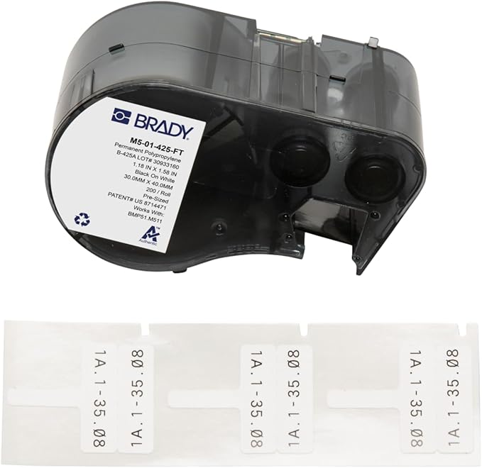 Brady Authentic (M5-01-425-FT) Wire and Cable Flag Polypropylene Labels 1.575" H x 1.181" W Black on White, 200 Labels. for use with The BMP51 and M511 Label Printers
