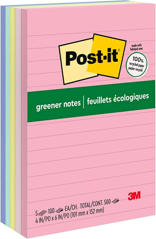 Post-it Greener Notes, 4x6 in, 5 Pads, America's #1 Favorite Sticky Notes, Sweet Sprinkles Collection, Pastel Colors, Clean Removal, 100% Recycled Material (660-RP-A)