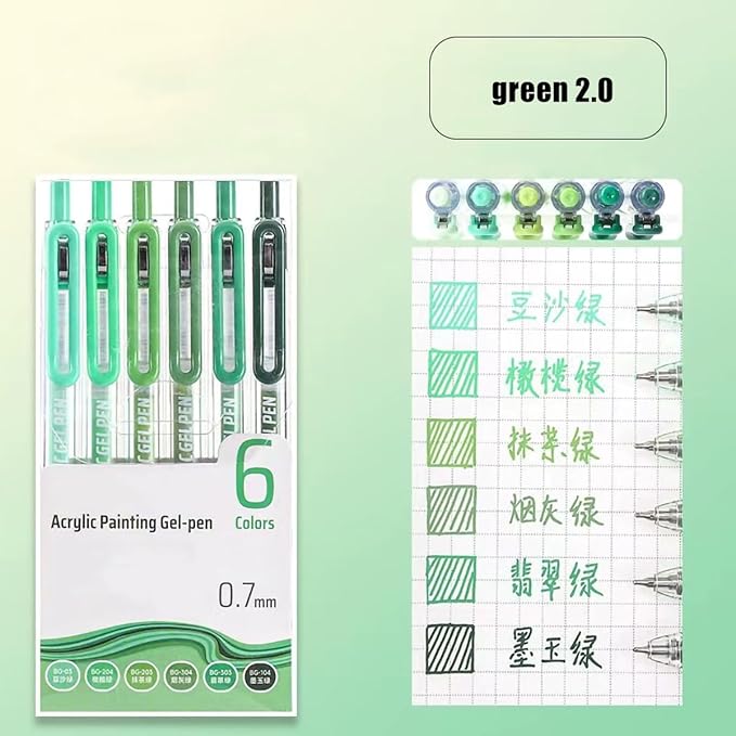 6 Colors Acrylic Gel Pens for Coloring, 0.7mm Fine Tip for Adult Coloring, Black Paper, Drawing, Journaling, Note Taking, Green 2.0
