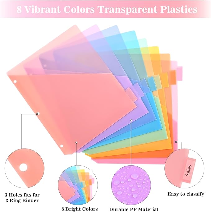 8-Tab Dividers for 3 Ring Binder, 96 Count Binder Dividers with Pockets, Subject Dividers, 3-Hole Plastics Sheets Protectors for US Letter Size in 0.5", 1",2" Binders, 8 Pastel Colors, 12 Packs
