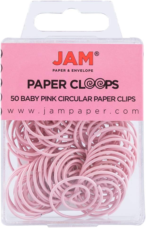 JAM PAPER Circular Paper Clips - Round Paperclips - Baby Pink Pastel - 50/Pack