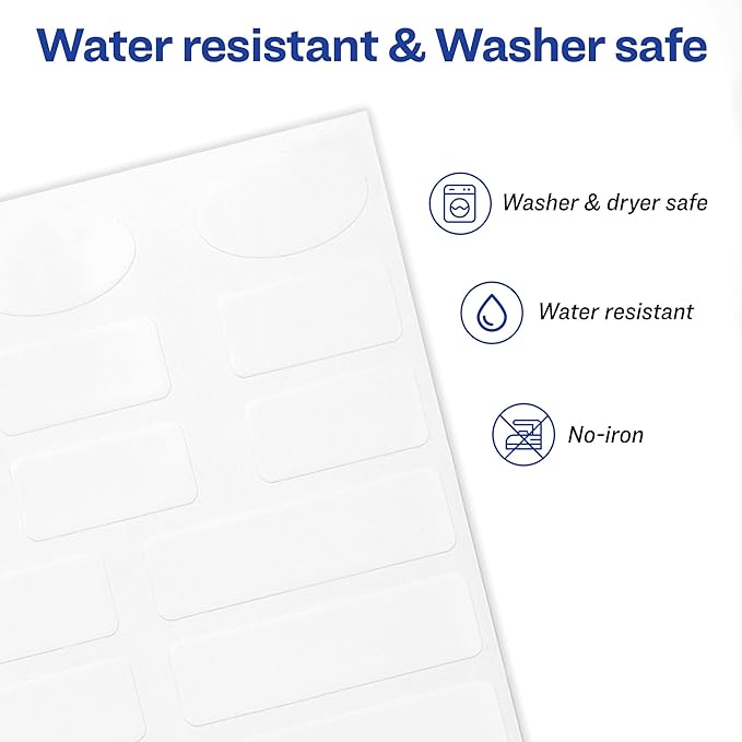 AVERY No-Iron Fabric Labels White | Washer and Dryer-Safe | Handwrite with Marker | 1/2" x 1-3/4" | 54 Labels, Pack of 18