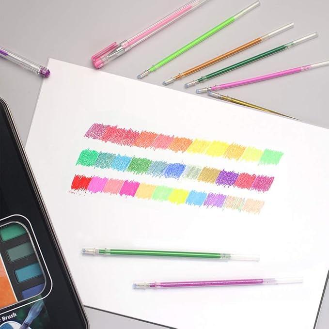 200 Colors Gel Pen Ink Refills, Glitter Neon Gel Ink Pens Refills Replace Cartridges for Adult Coloring Books Journaling Women Gifts, No Repeats