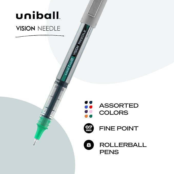 uniball™ Vision Rollerball Pens, Fine Point (0.7mm), Assorted Colors, 8 Pack