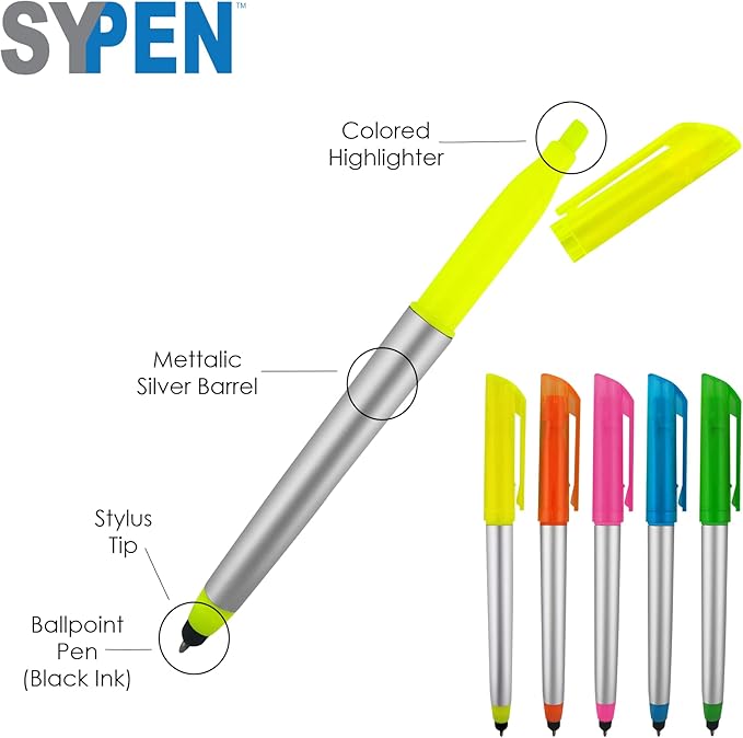 Stylus Ballpoint Pen with Highlighter Tips, 3 in 1 Combo Stylus for Touchscreens, Writing Pen and Highlighter, Black Ink, Pack of 5