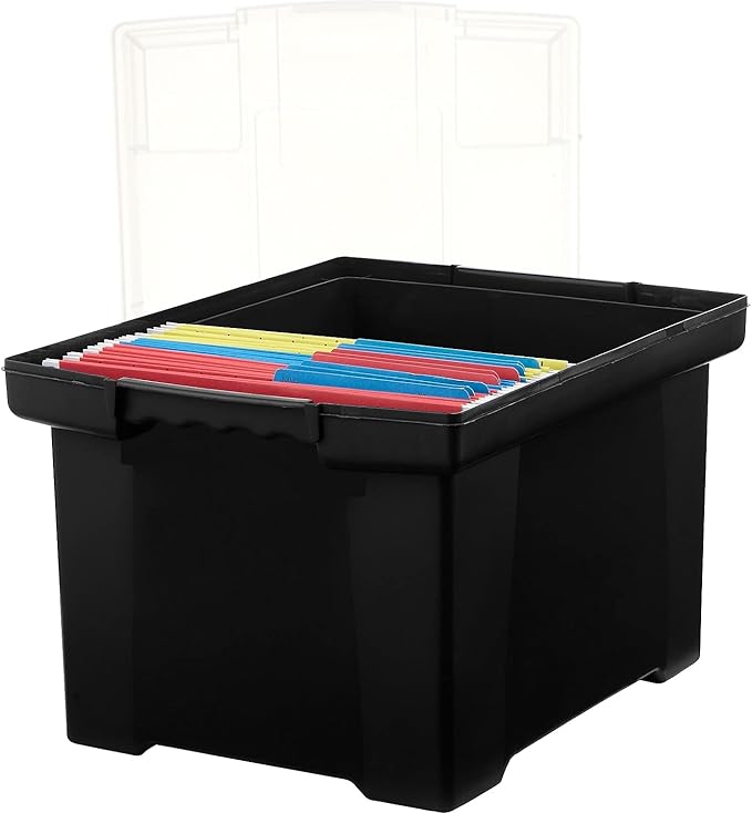 Storex Plastic File Tote Storage Box with Snap-On Lid, Letter/Legal Size, Black/Silver (61528U01C)