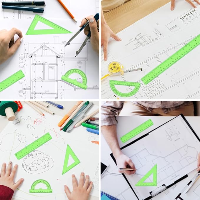 Plastic Clear Ruler Math Set, 6" | 12" Straight Ruler Protractor, 2 Protractors 180 Degree 2 Triangle Rulers 45 | 60 Degree 2 Straight Rulers Measuring Tool for School Office Home Supplie,Green