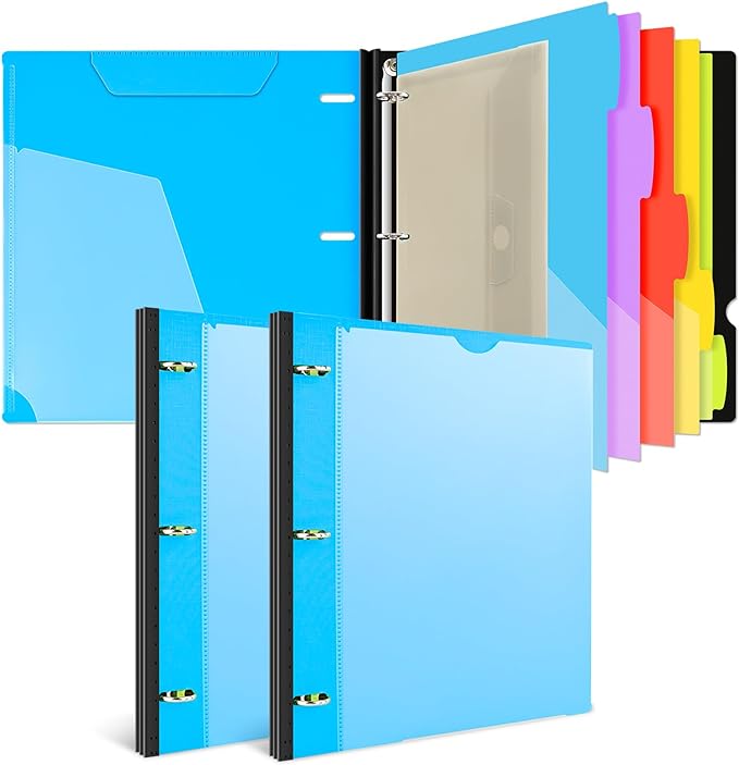 INFUN 1 Inch Telescoping Project Organizer Binder-2PCS,13 Pocket, Customizable Front Cover, 5 Colors Pocket Divider and Plastic Binder Pocket，225 Sheet Capacity-Blue