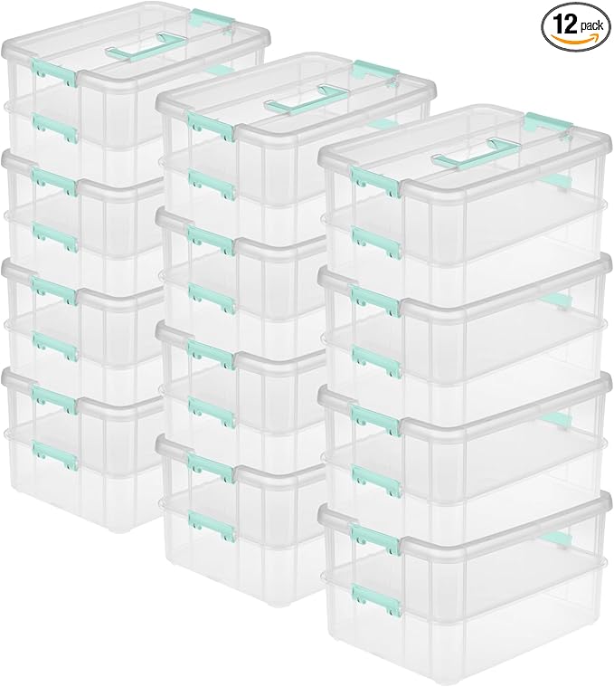 Sterilite 12-Pack Stack & Carry, 2 Layer Handle Box for Home & Office Storage - Clear Base & Lid with Color Latches, Organizer for Art & Craft Supplies, Sewing Tools or 8.5" x 11" Paper