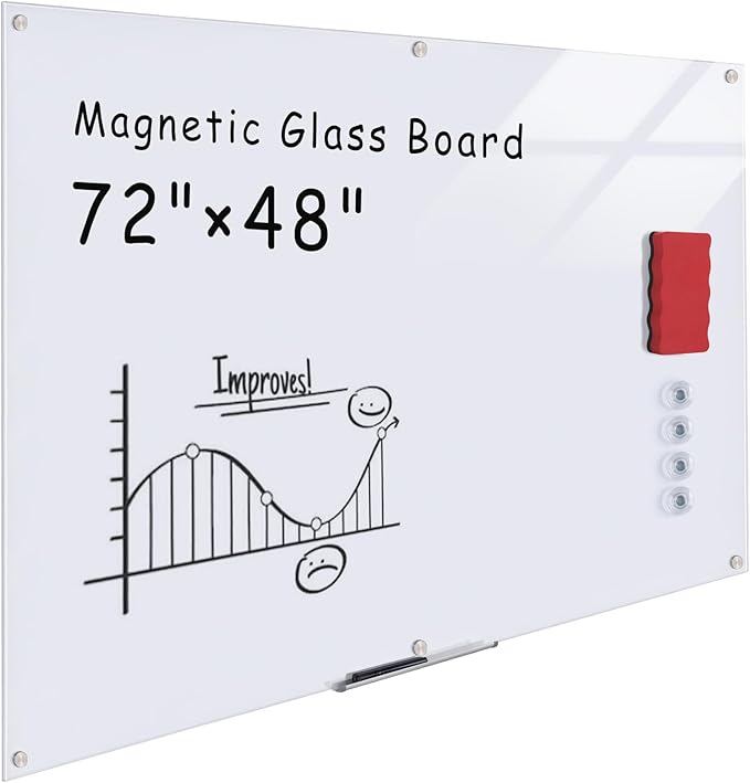 Mifuro Magnetic Glass Whiteboard，72"x48" Wall Mounted Frameless Dry Erase Board for Office, Home & School Ultra White