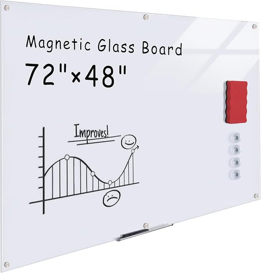 Mifuro Magnetic Glass Whiteboard，72"x48" Wall Mounted Frameless Dry Erase Board for Office, Home & School Ultra White