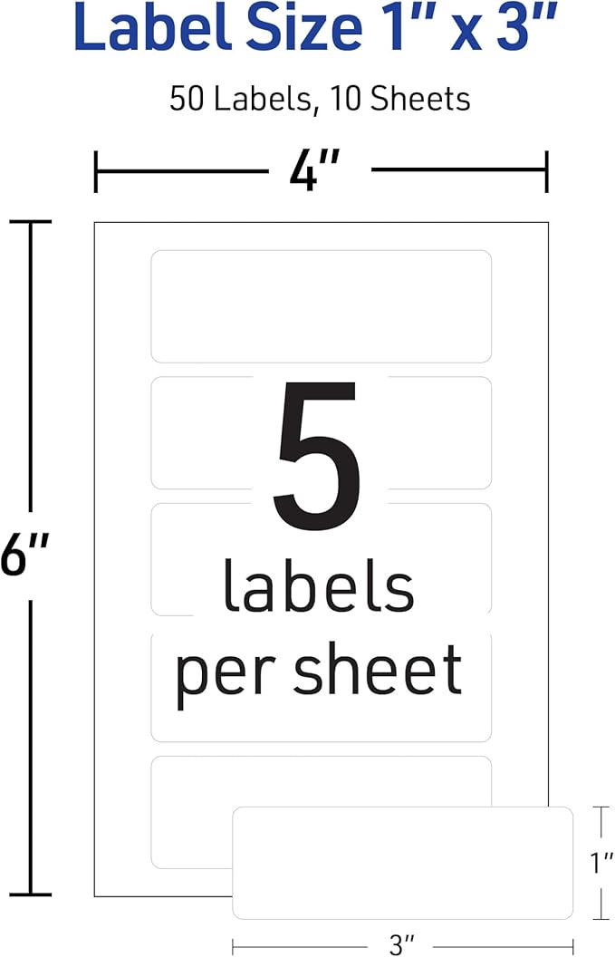 Avery No-Iron Fabric Labels, 1" x 3", Washer and Dryer-Safe Waterproof Labels, Non-Printable, 50 Total (40725)
